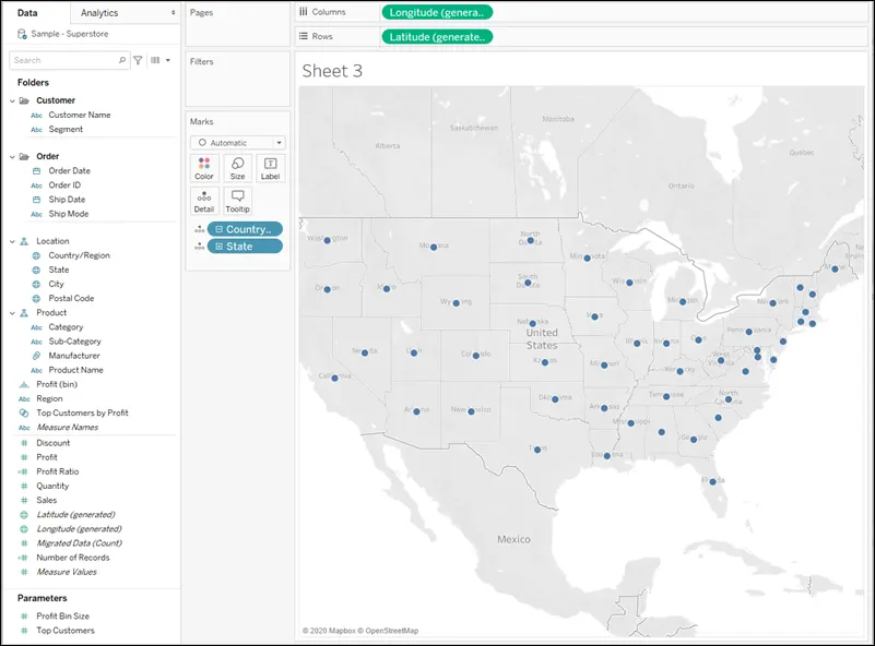 Basic map view showing the US with a mark on each state