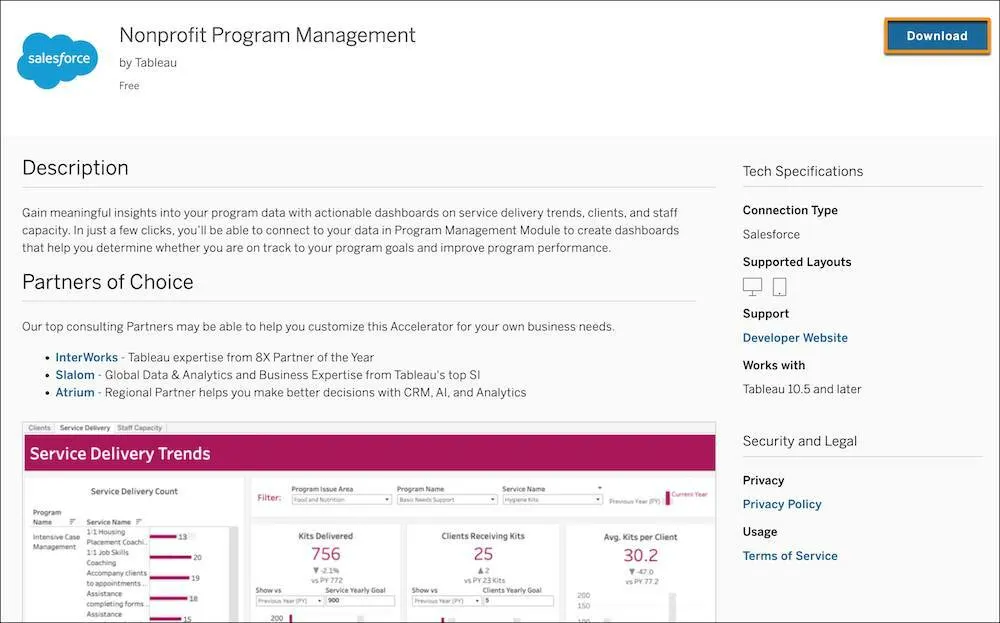 The Nonprofit Program Management page in Tableau Exchange with the Download button highlighted