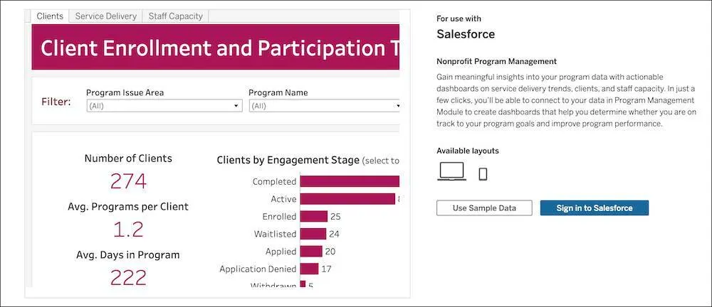 The Nonprofit Program Management starter page with Use Sample Data and Sign in to Salesforce buttons.