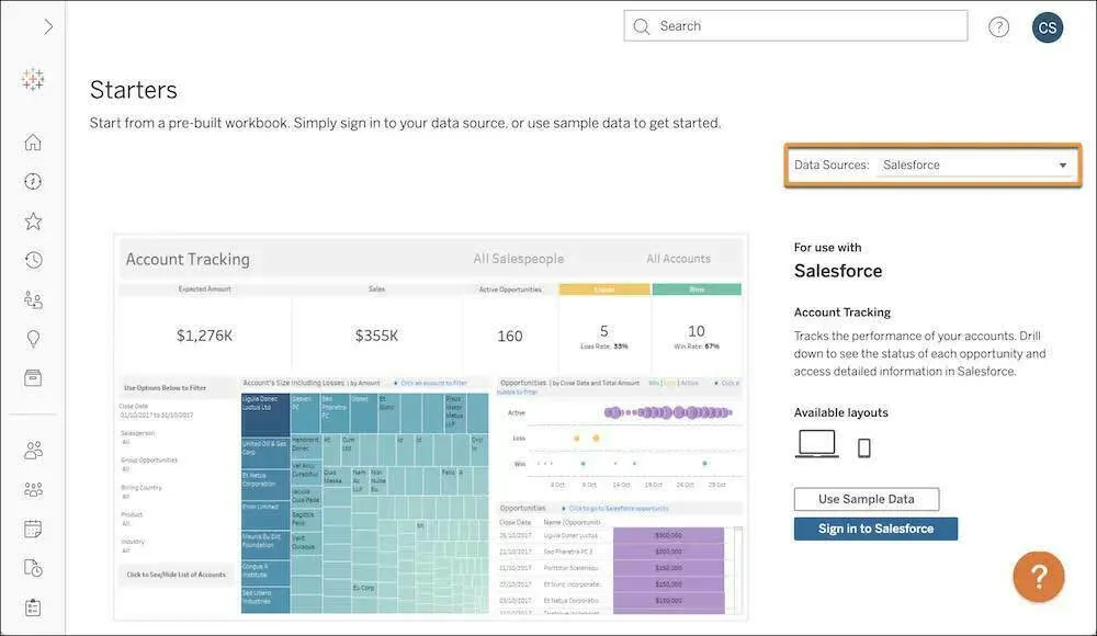 The Data Sources picklist on the Starter page