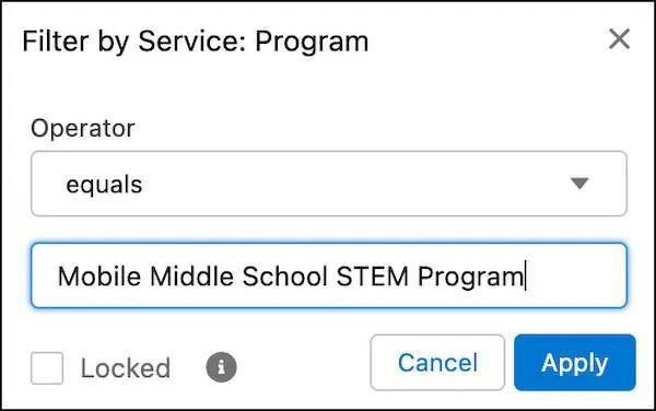 Filter by Service:Program equals our example middle school STEM program.