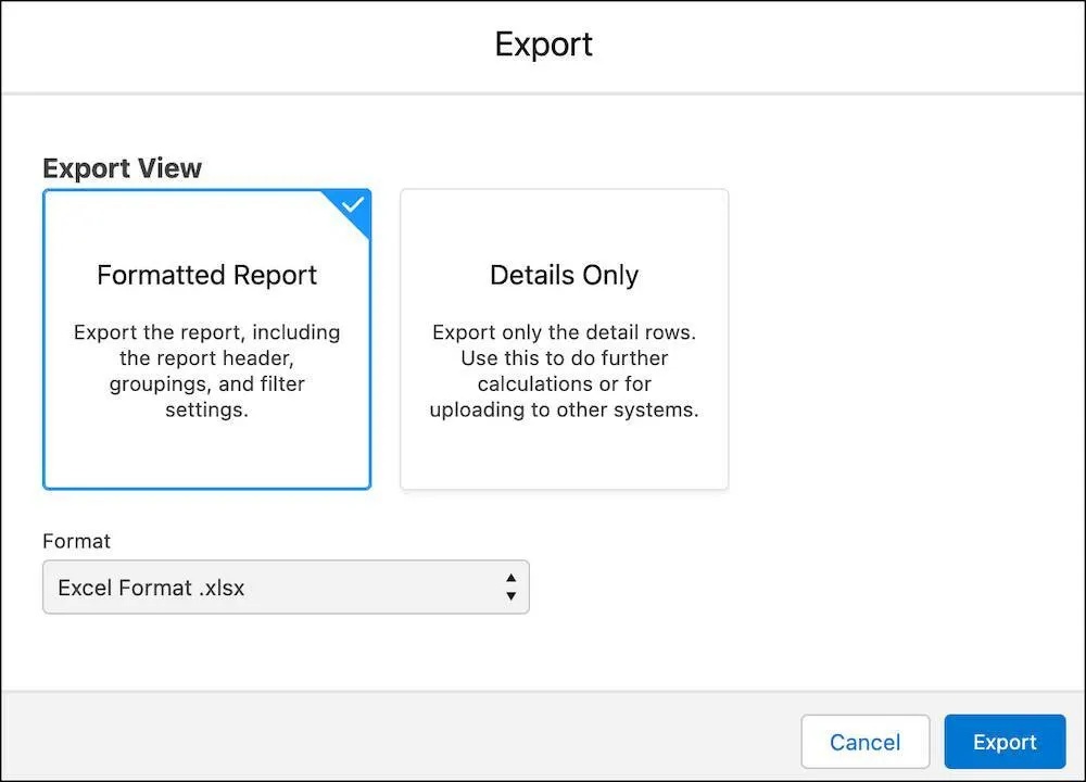 Export options, including selecting whether the report should be formatted or details only, along with the file format of the export.