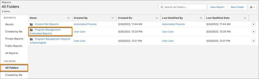 The Program Management Embedded Reports folder in All Folders in Reports