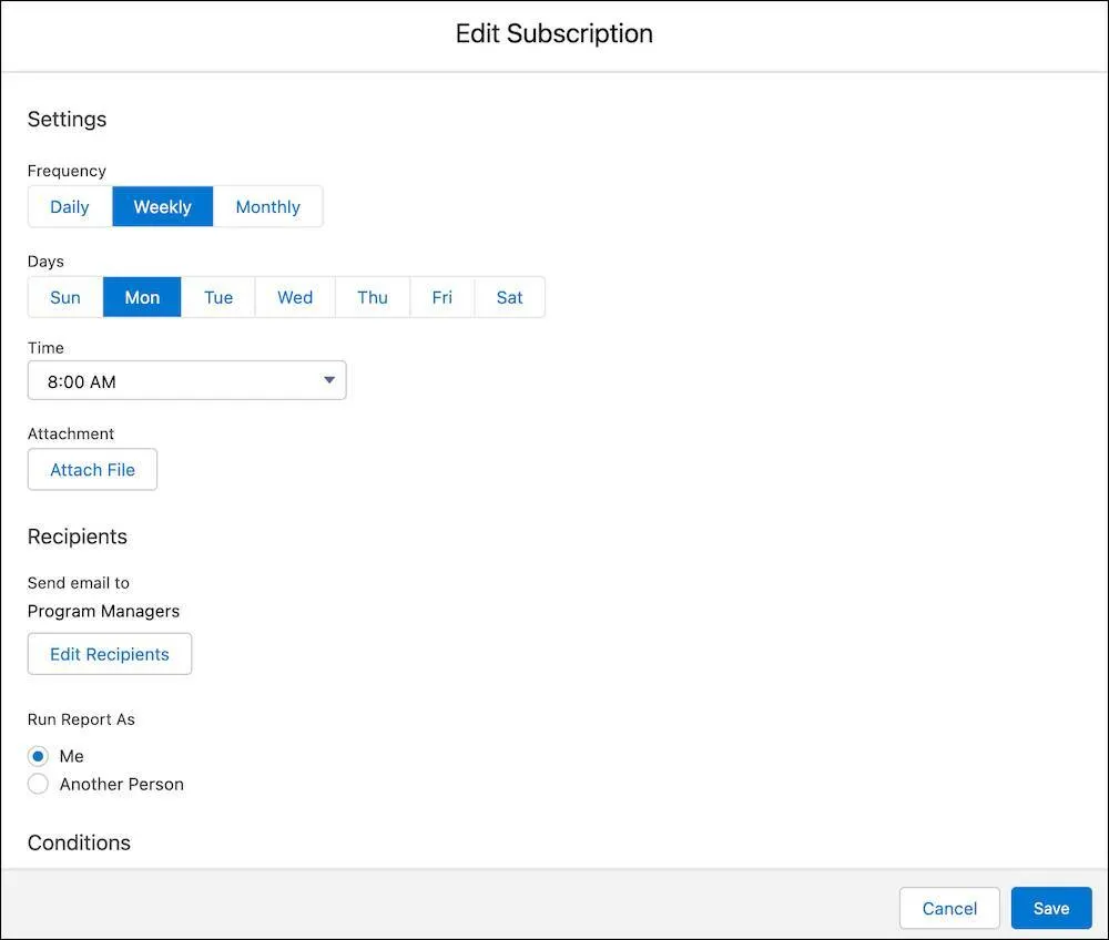 Edit Subscription settings including the frequency, days, time, and recipient fields.