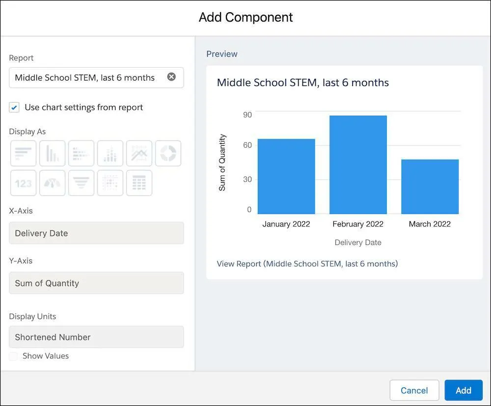 Add Component settings, including options to change how the chart is displayed, change the data on the axes, and how you the numbers should be displayed