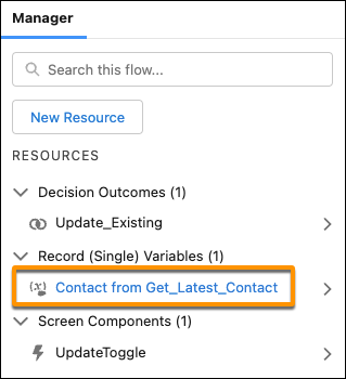 Contact from Get_Latest_Contact という名前の変数が表示されている Flow Builder のリソースリスト。