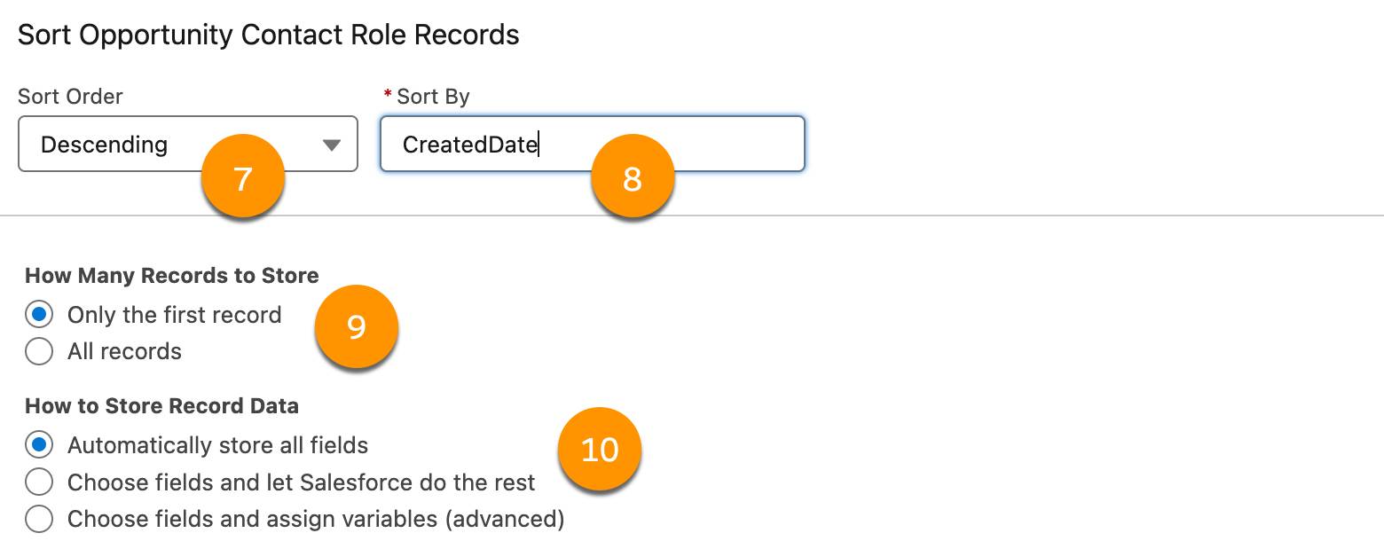 ステップ 7 ～ 10 に対応する [New Get Records (新規のレコードの取得)] パネル。