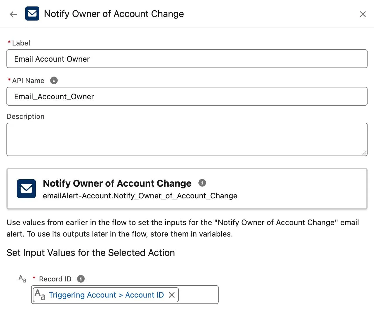 The Action panel, with an email alert workflow action selected, and showing the fields corresponding to the preceding steps.