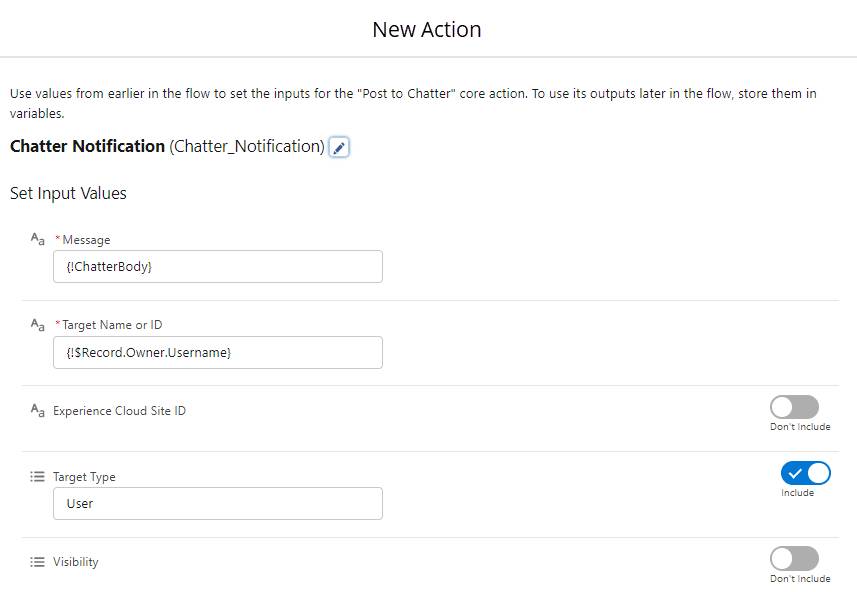 The New Action window, creating a Post to Chatter action with the fields corresponding to the preceding steps.