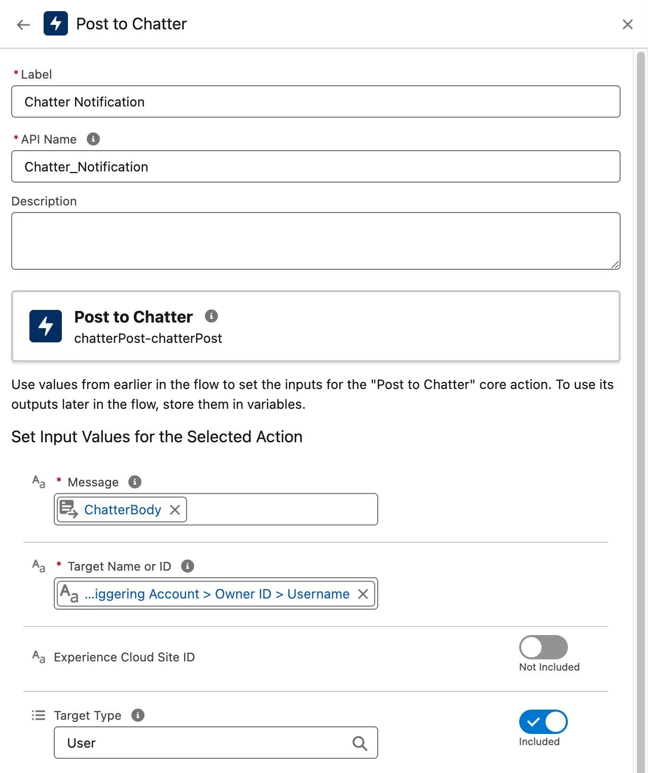 The Action panel, creating a Post to Chatter action with the fields corresponding to the preceding steps.