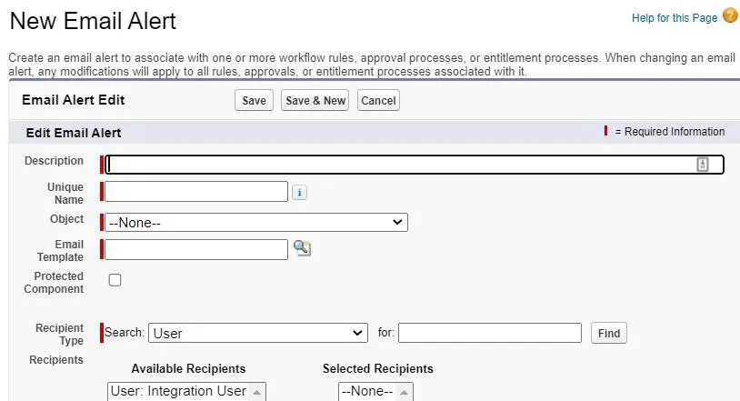 La página utilizada para crear una nueva alerta por correo electrónico, incluidos los campos que corresponden a la información que se describe a continuación.