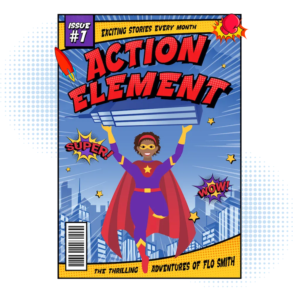 Cómic denominado Elemento de acción, que presenta a Flo Smith como una poderosa superhéroe.