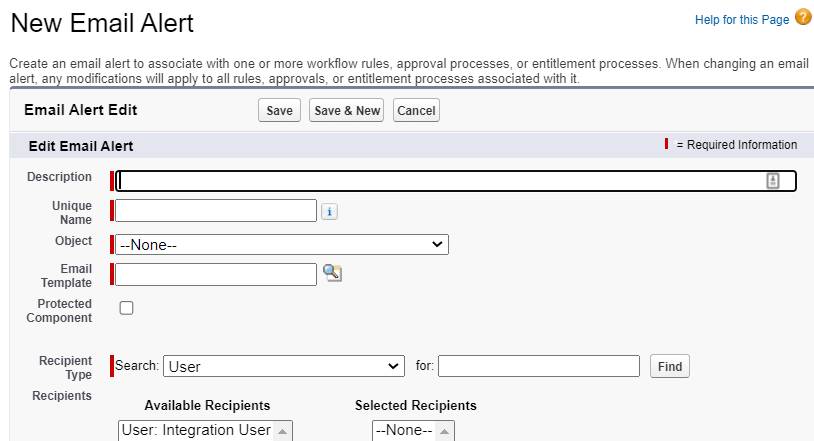 A página usada para criar outro alerta de email, incluindo os campos correspondentes aos detalhes a seguir.