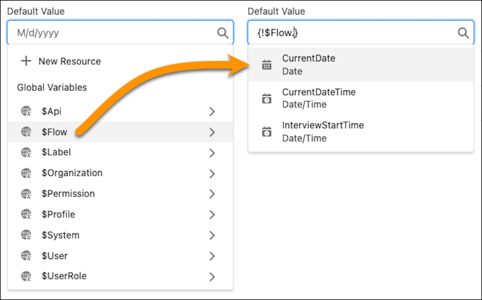 Selecting the $Flow global variable displays a list of available fields: CurrentDate, CurrentDateTime, and InterviewStartTime.