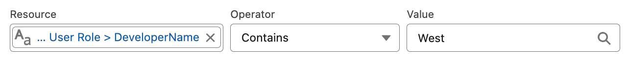 Criteria fields in a New Decision window, with Resource set to Running User’s Role > DeveloperName, Operator set to Contains, and Value set to West.