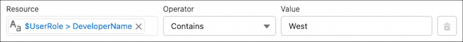 Criteria fields in a New Decision window, with Resource set to $UserRole > DeveloperName, Operator set to Contains, and Value set to West.