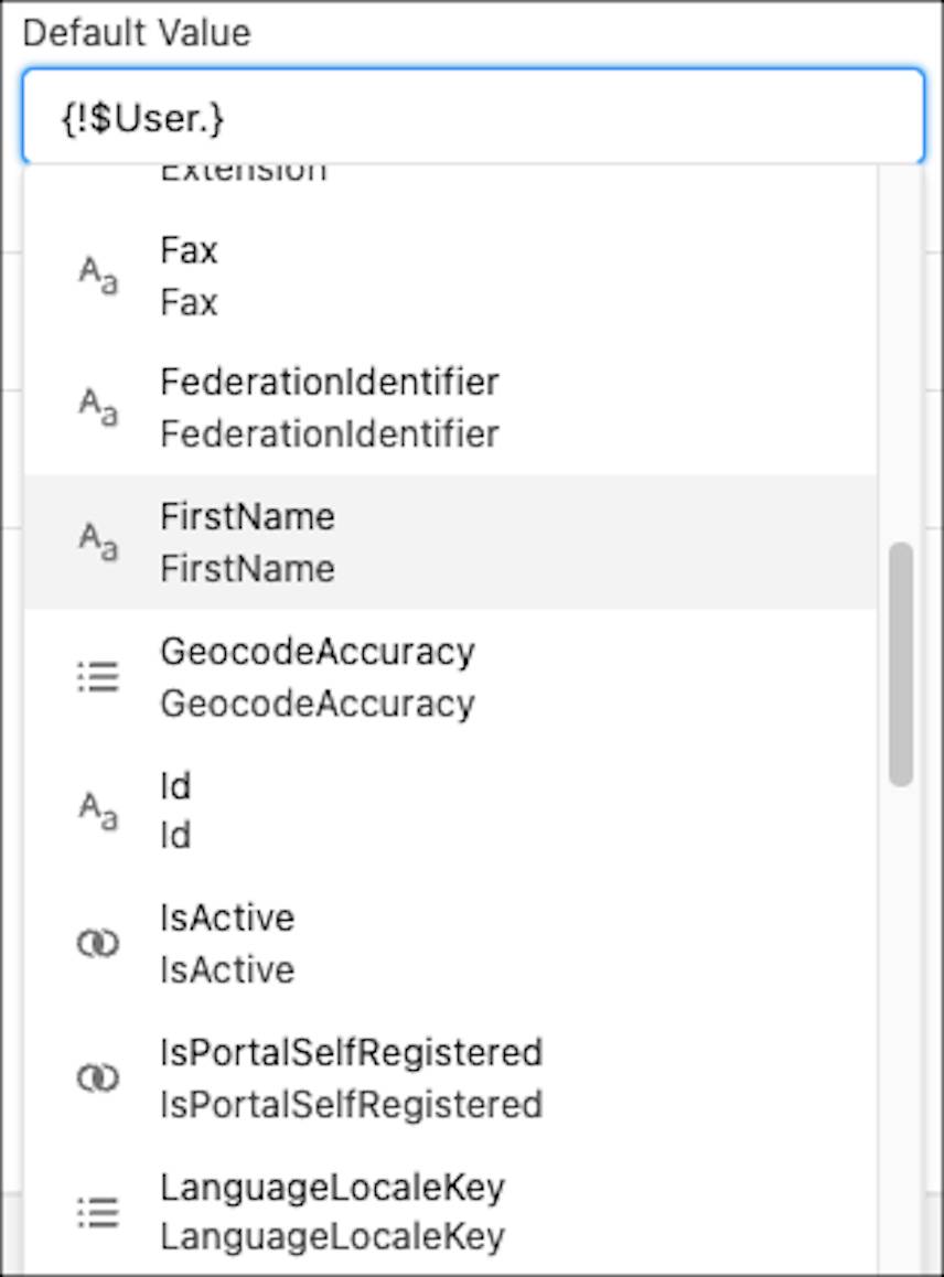 The $User global variable picklist displays the fields on the User object.