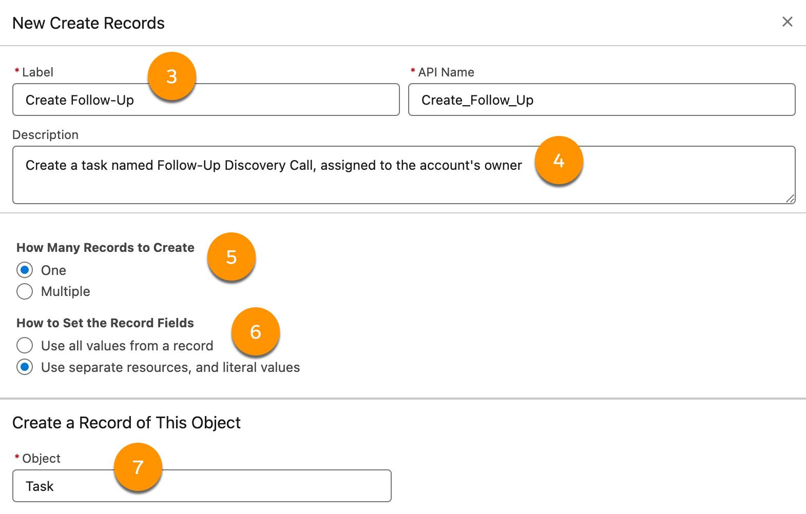 The New Create Records panel corresponding to steps 3-7