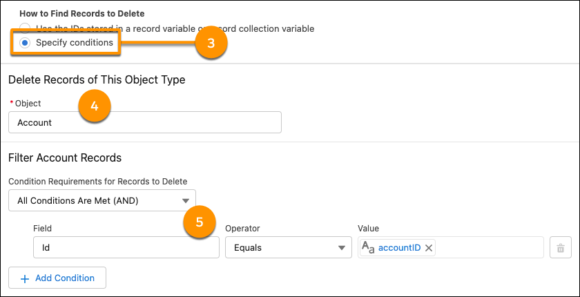 The New Delete Records window corresponding to the preceding description.