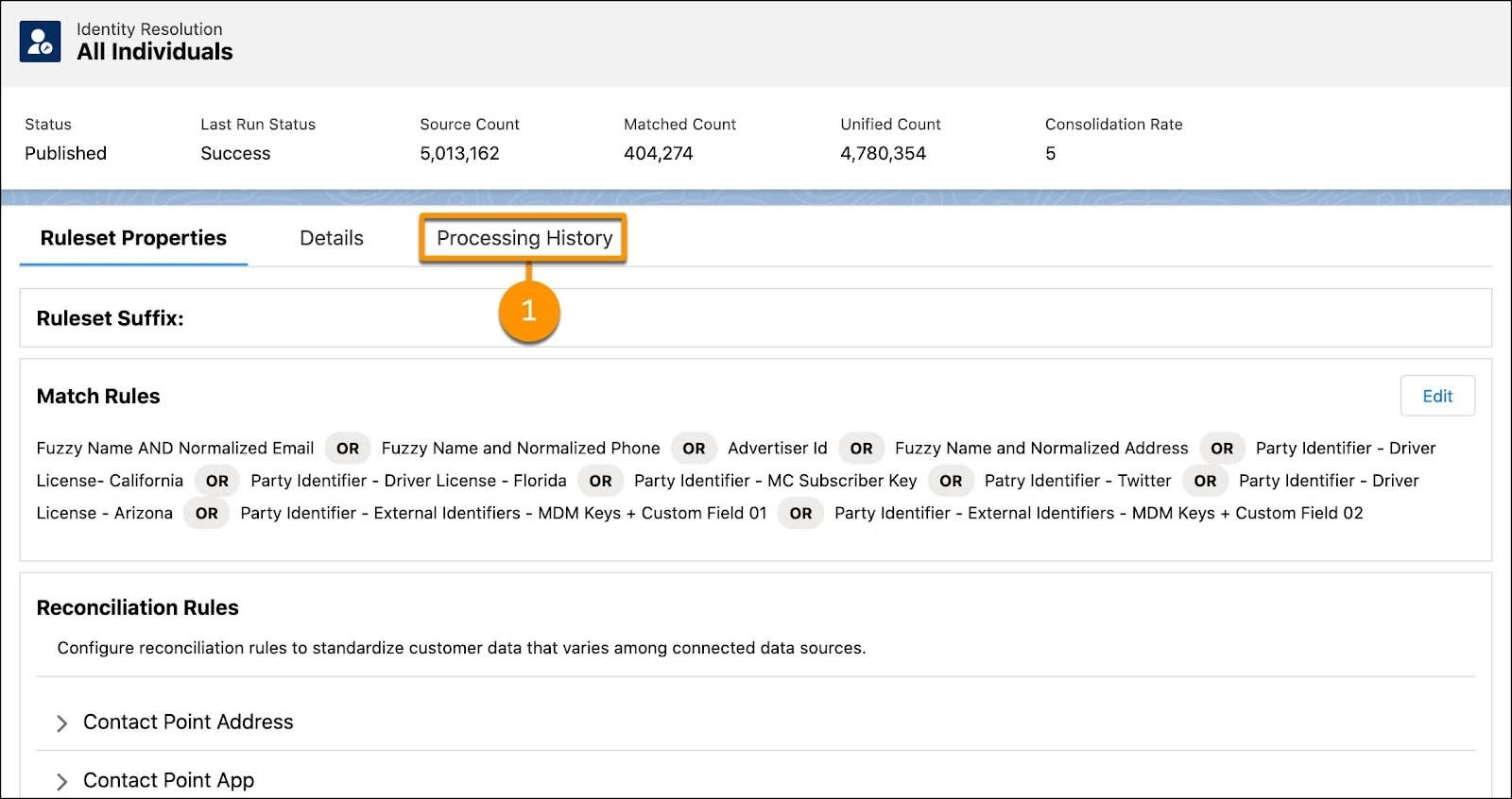 Identity Resolution page with properties, details, and processing history.