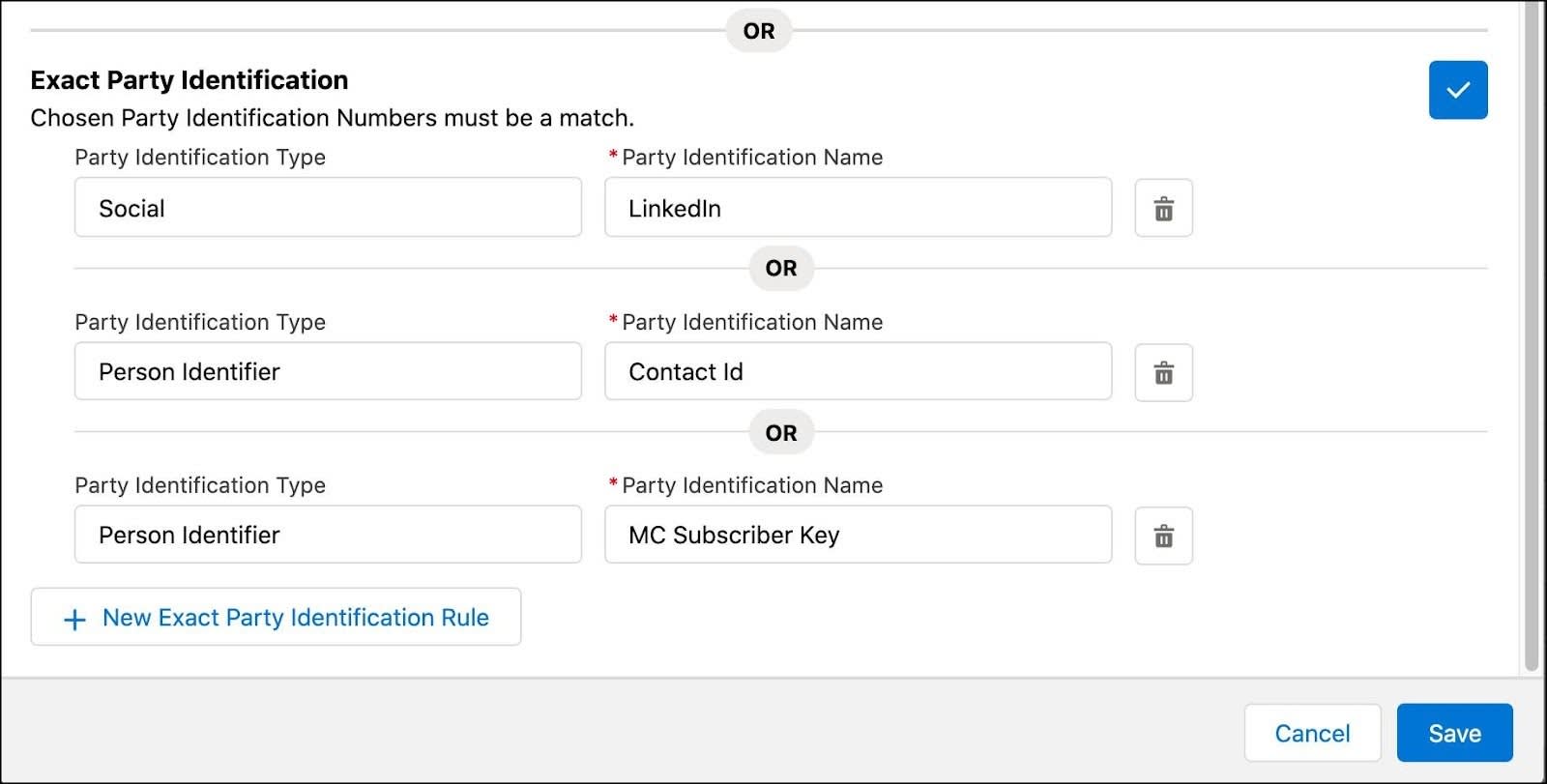 Exact party identification configuration, using LinkedIn, Contact ID, and MC Subscriber Key.