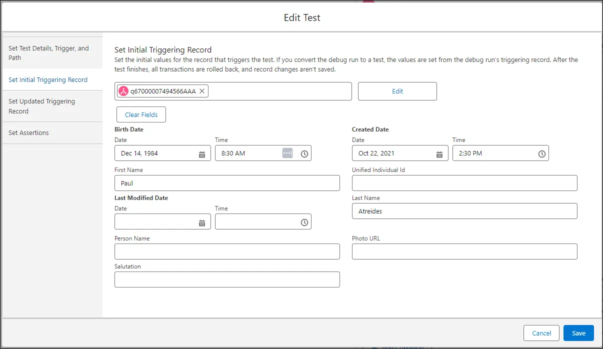 Edit a test for a Data Cloud-triggered flow.