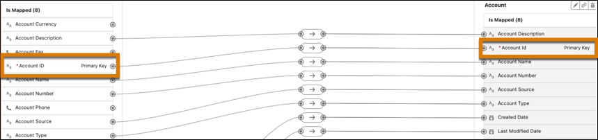 screenshot of Data Mapping that shows the Account_Home data stream's Account ID field mapped to the Account DMO's Account ID field.