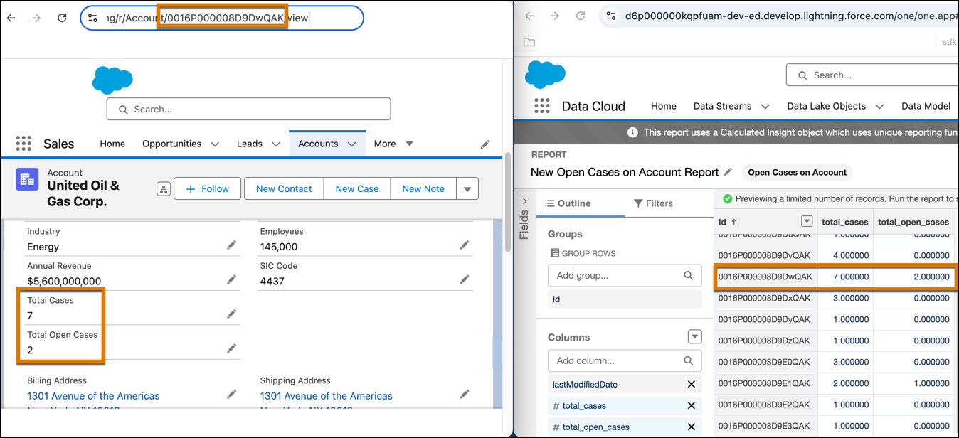 An account with the new Total Cases and Total Open Cases fields next to a calculated insight report. In the report, the total cases and the total open cases match the total cases and total open cases in the account.