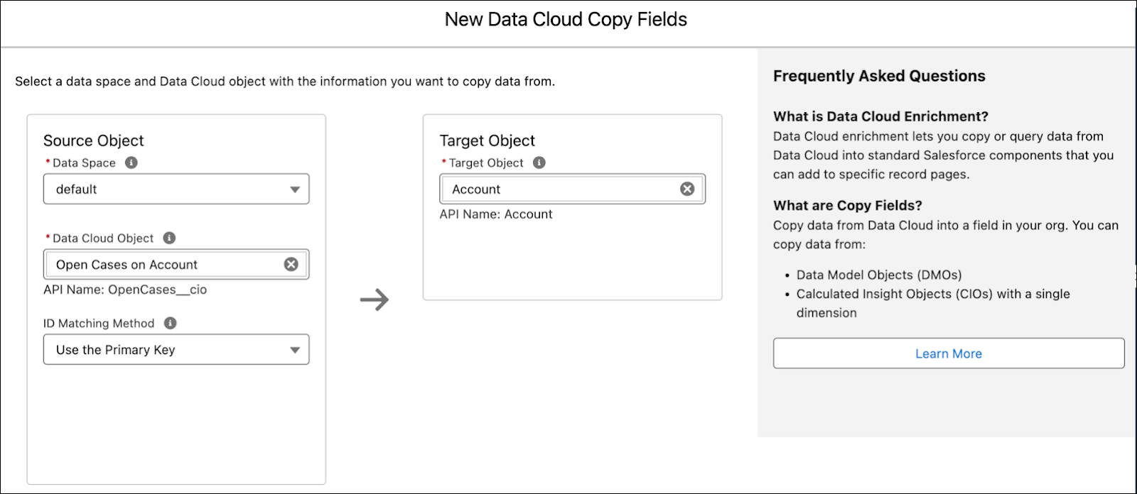 Screenshot of the copy field enrichments page showing how the source object is mapped to the target object.