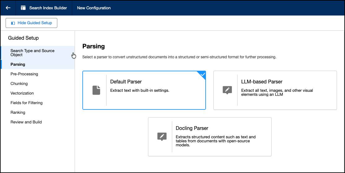 The three parsing options available in the search index builder when you create a search index in Data 360. The default parser option is selected.