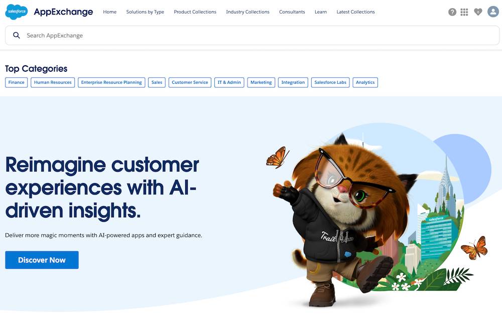 The AppExchange homepage with Home, Solutions by Type, Product Collections, Industry Collections, Consultants, Learn, Latest Collection