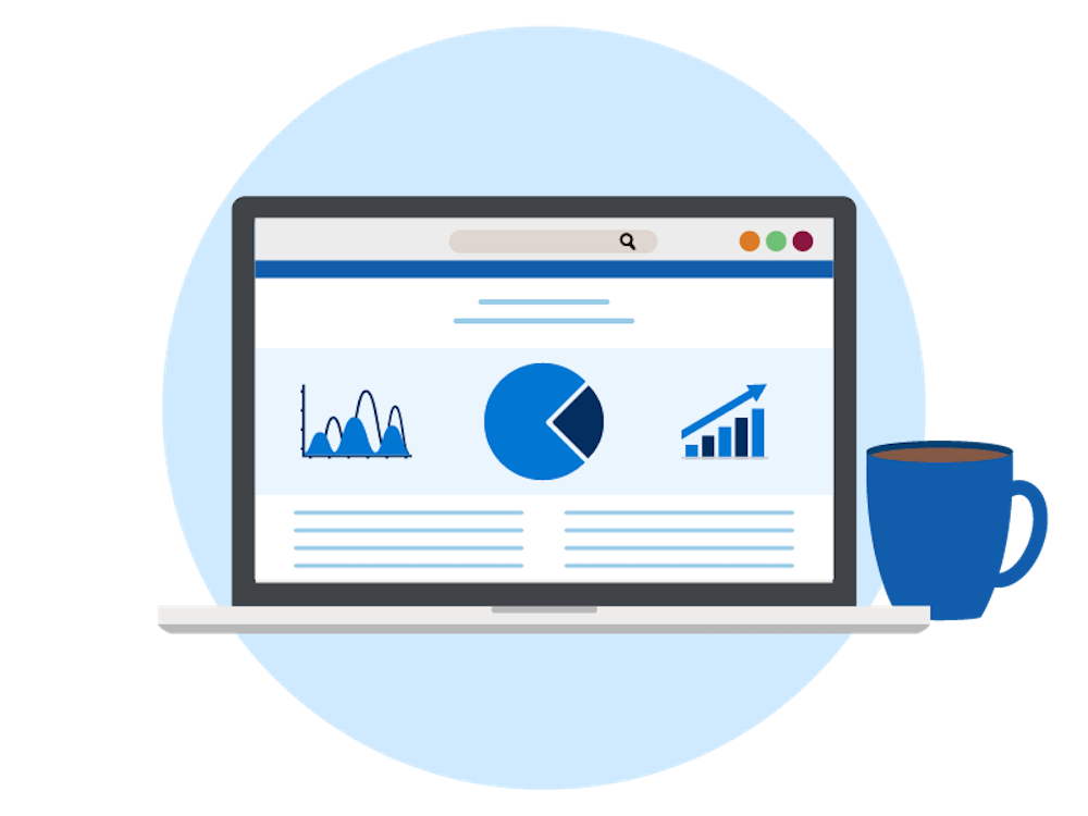 A blue circle with a laptop screen showing charts and graphs and a blue coffee mug