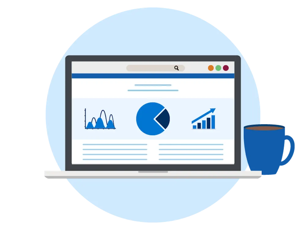 A blue circle with a laptop screen showing charts and graphs and a blue coffee mug