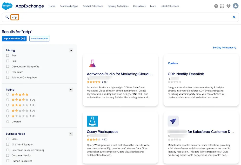 A sample AppExchange search page with a highlight on the search term “cdp”