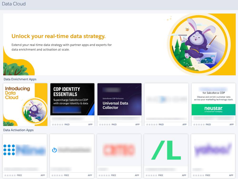 AppExchange の Data Cloud 製品別コレクション。AppExchange のリスティングタイルが [Data Enrichment Apps (データ強化アプリケーション)] と [Data Activation Apps (データ有効化アプリケーション)] でグループ化されている