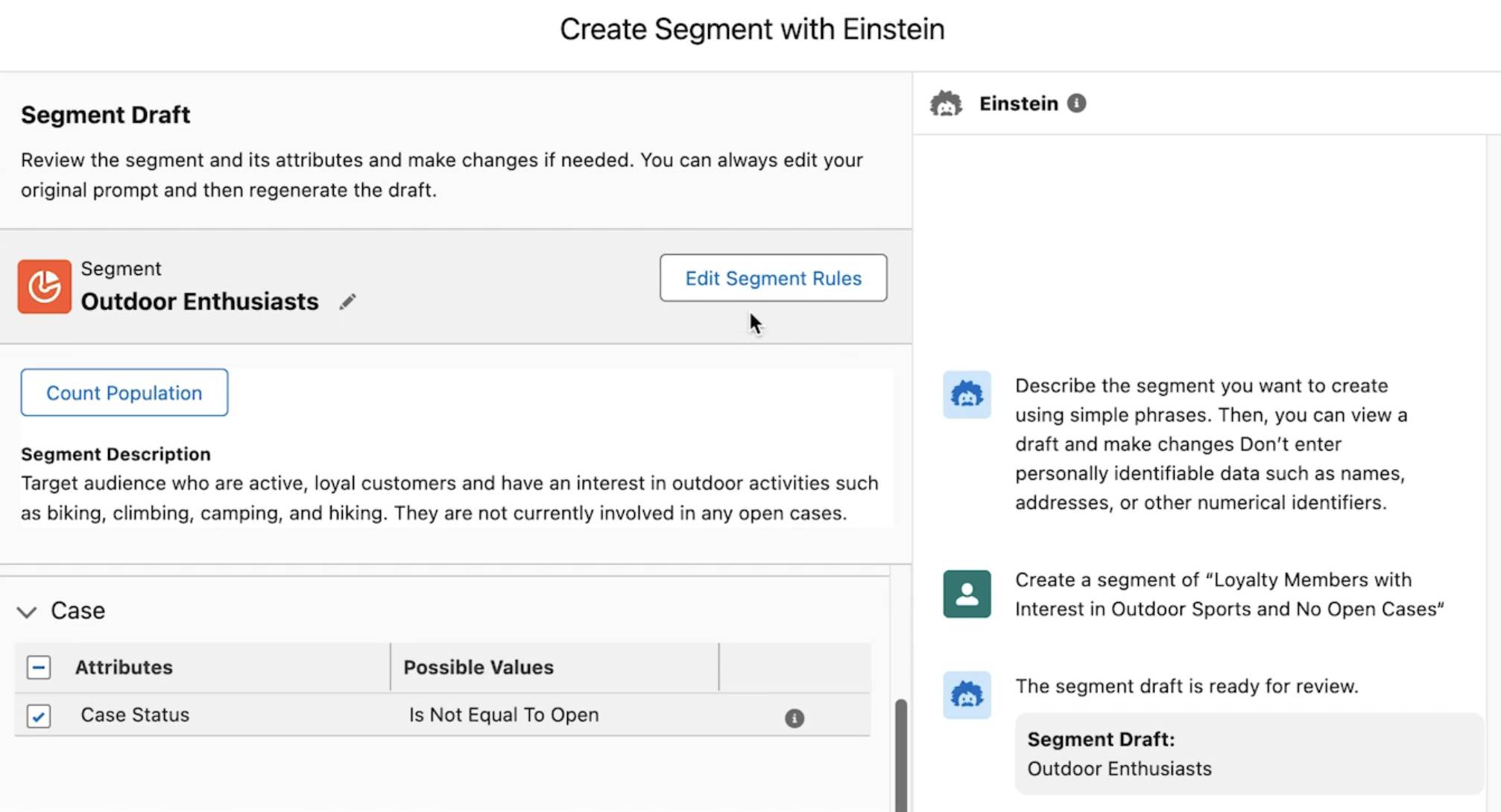 Generative AI can quickly automate tasks like creating segments directly in Data 360.