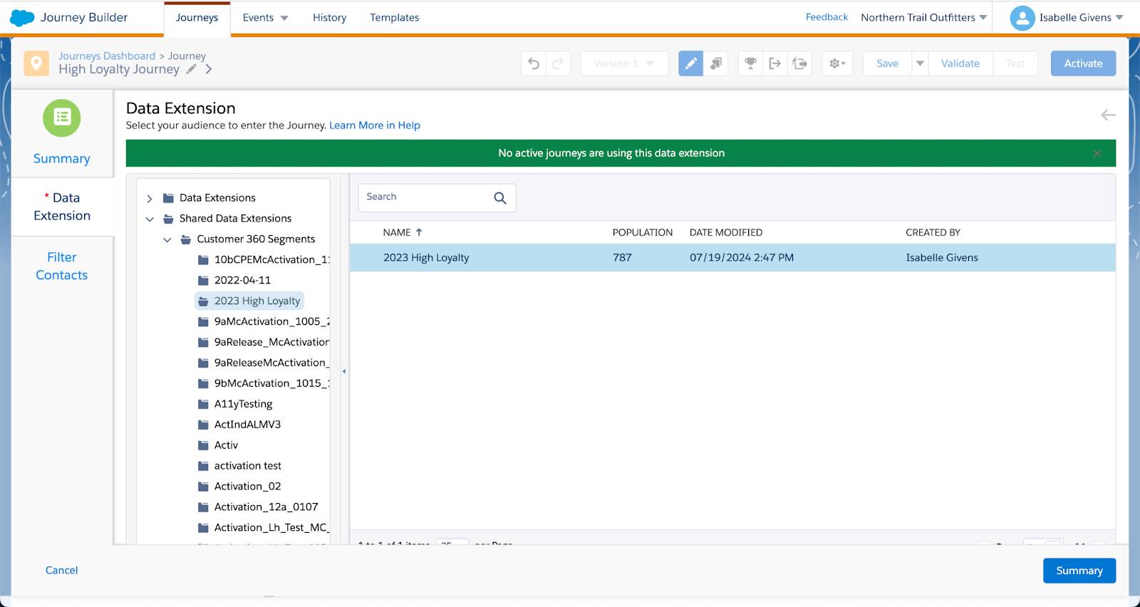 Selection of Data Cloud segments in Journey Builder