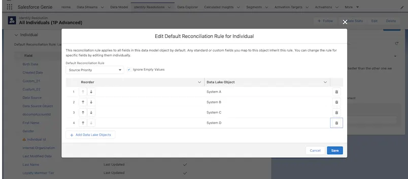 Edit Default Reconciliation Rule for Individual modal in Data Cloud.