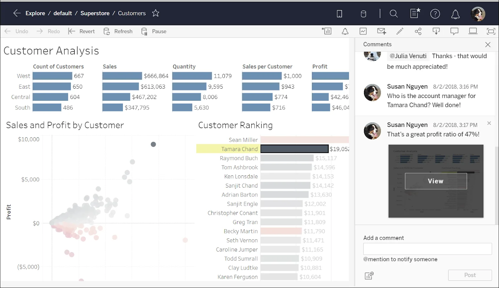 Data shared in the snapshot shows customer name filtered to Tamara Chand