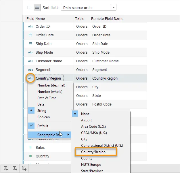 Change the data type of a field in the metadata grid by clicking the data type icon.