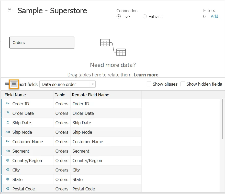 Fields in the metadata grid view