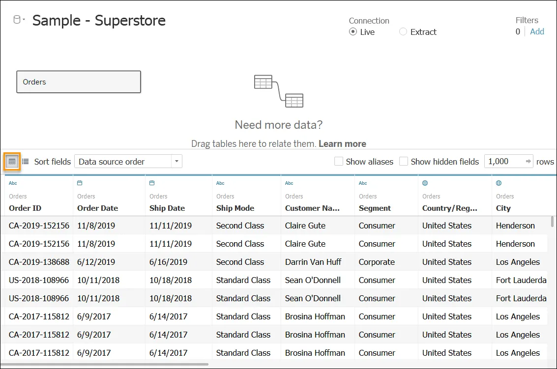 Data grid view on the data source page.