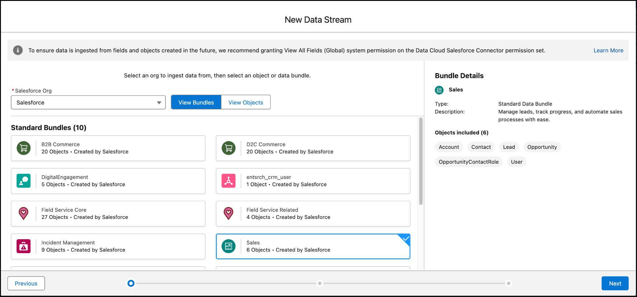 New Data Stream screen with the Sales Data Bundle selected.