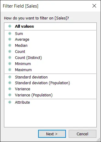 Filter Field dialog box that allows to specify the criteria for filtering.