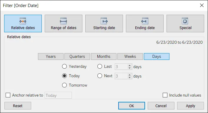 Filter dialog displaying the relative dates options