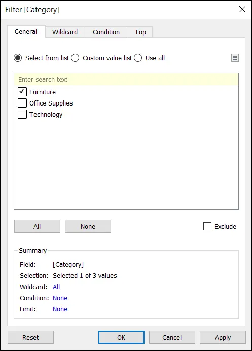 Filter dialog showing the categories on which you can filter dimensions