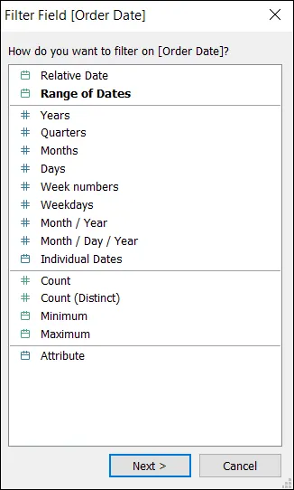 Filter Field dialog displaying types of filters for dates