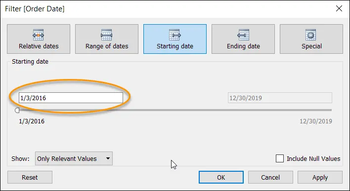 Filter dialog displaying the field for specifying the start date