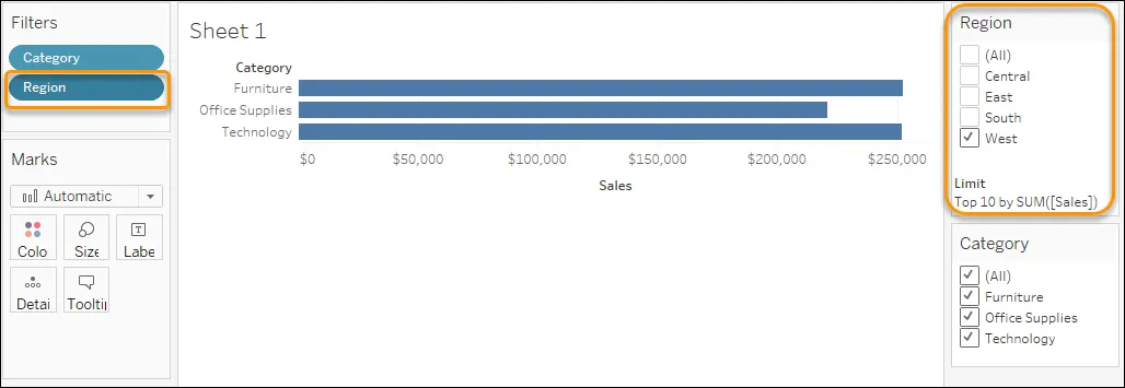 View displaying the results of applying a cumulative filter; Top 10 products in the West region