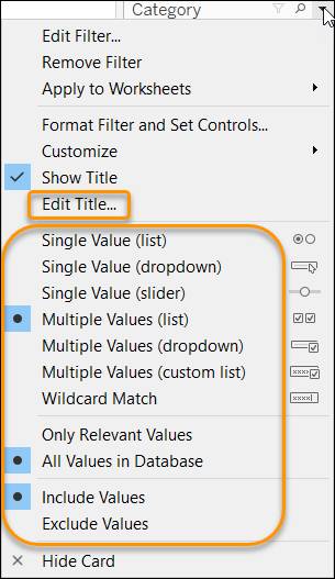 Menú contextual de Filter (Filtro) que muestra opciones de filtro